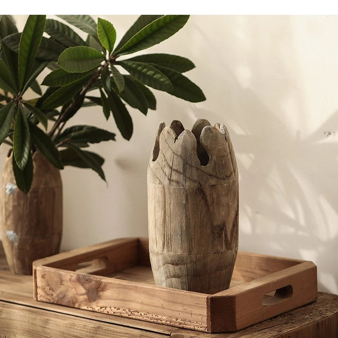 Raw Carved Paulownia Wood Irregular Edge Vase - The Finishing Touch Decor