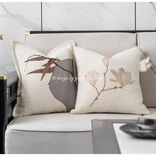 Japandi Asian Style Magnolia Flowers Embroidered Throw Pillow Covers - The Finishing Touch Decor
