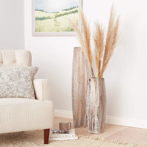 Rustic Set of 2 Tall Whitewashed Raw Wooden Vases - The Finishing Touch Decor