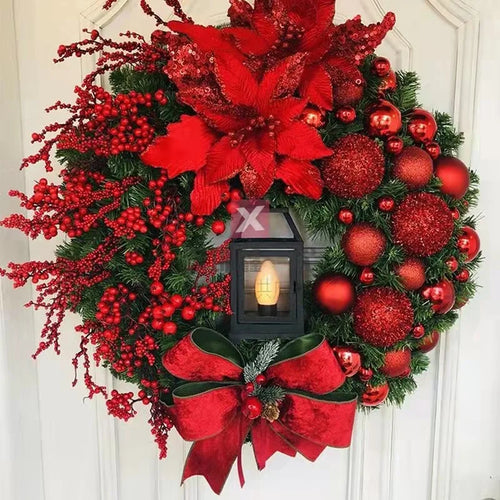 Golden/Red Pre-Lit Holiday Wreath with Lantern