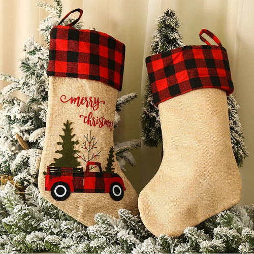 Vintage Truck Red Plaid Christmas Stocking Set