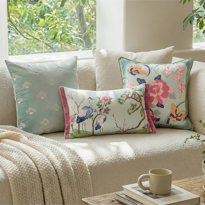 Crane & Pink Flowers Velvet Throw Pillows Pillow