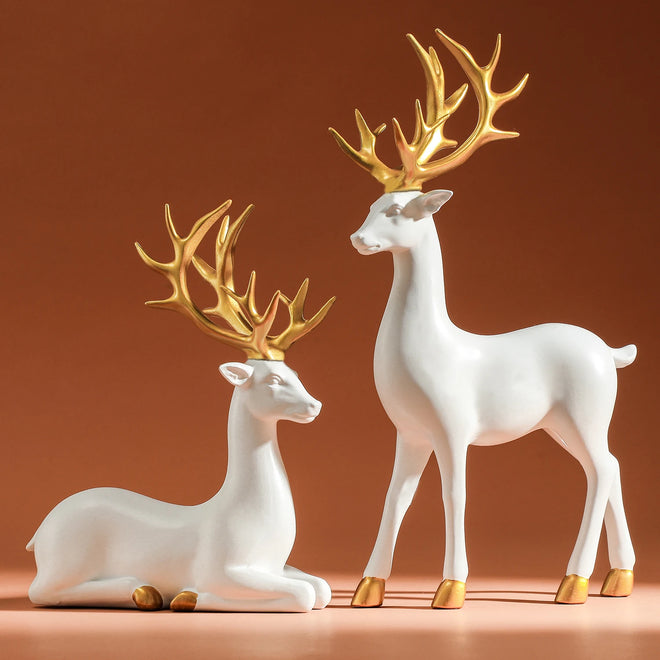 White & Gold Reindeer Holiday Table Figurine Statues