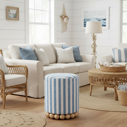 Coastal Blue Beige Striped Linen Ottoman Stool