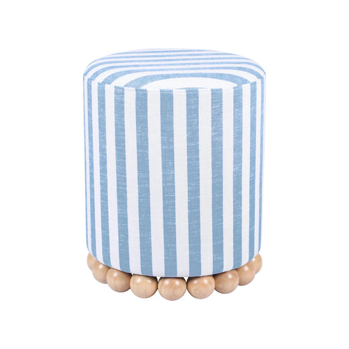 Coastal blue and beige striped linen ottoman stool, small furniture piece by The Finishing Touch Decor with a soft fabric finish