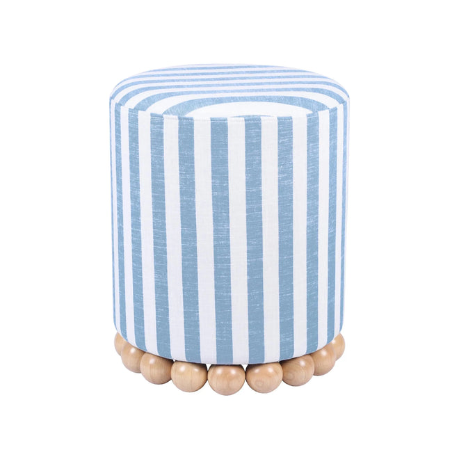 Coastal blue and beige striped linen ottoman stool, small furniture piece by The Finishing Touch Decor with a soft fabric finish
