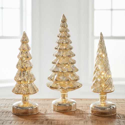 Set of 3 Mercury Glass Christmas Tree Tabletop Figurines