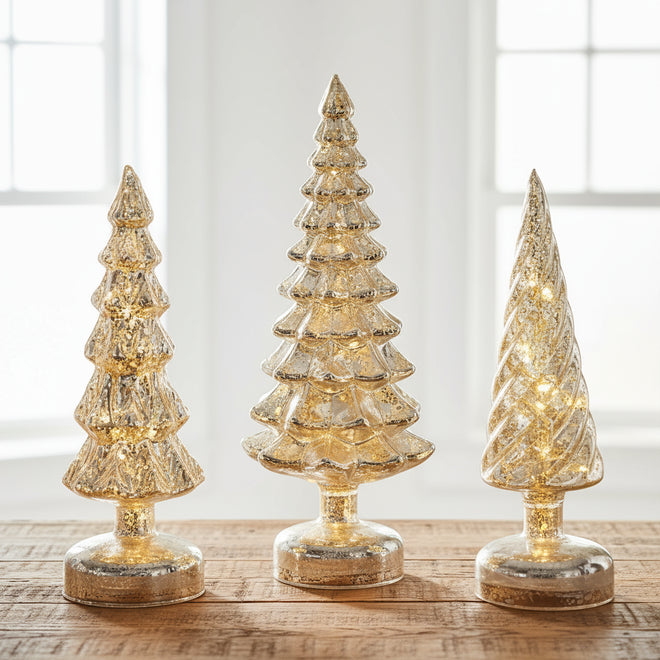Set of 3 Mercury Glass Christmas Tree Tabletop Figurines
