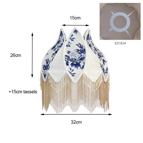 French Blue Floral Silk and Velvet Lampshade with Pearl Tassel - The Finishing Touch Decor
