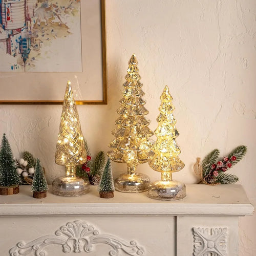 Set of 3 Mercury Glass Christmas Tree Tabletop Figurines