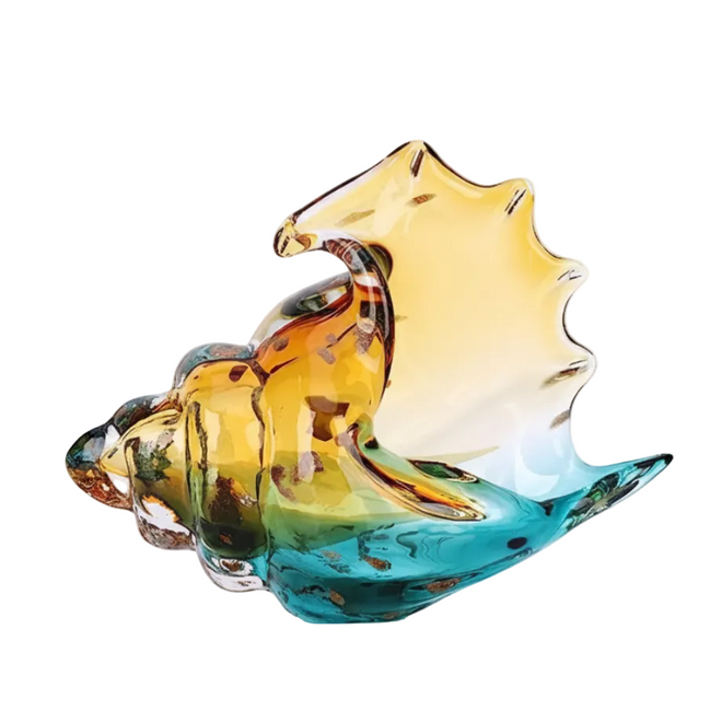 Hand-blown glass conch shell table art sculpture by The Finishing Touch Decor, showcasing vibrant colors and intricate design.