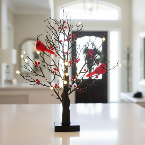 Mini Artificial Birch Tree with Red Berries & Birds