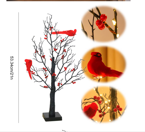 Mini Artificial Birch Tree with Red Berries & Birds
