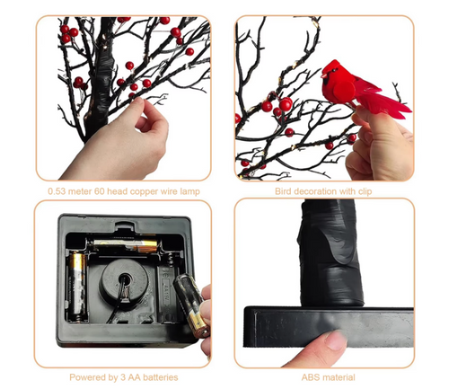 Mini Artificial Birch Tree with Red Berries & Birds