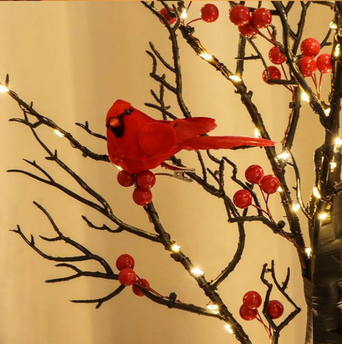 Mini Artificial Birch Tree with Red Berries & Birds