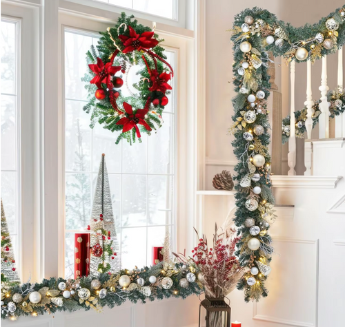 Green Pre-Lit Artificial Christmas Garland with Ornaments