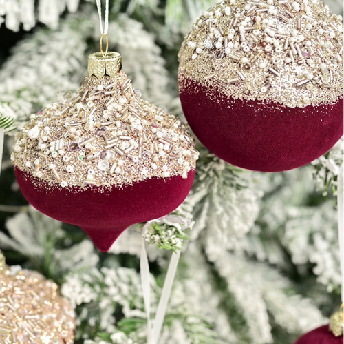 Set of 10 velvet holiday ornaments in red, green, and blue with glitter sparkle, perfect for festive decor.