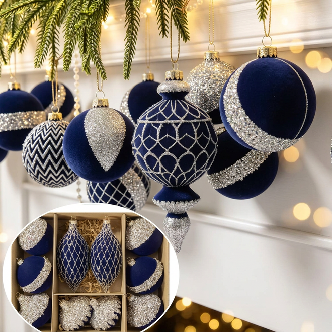 Set of 10 velvet holiday ornaments in red, green, and blue with sparkle accents for festive Christmas decorations.