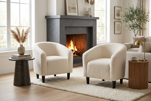 Set of 2 ecru boucle barrel accent chairs with wooden legs, stylish small furniture by The Finishing Touch Decor