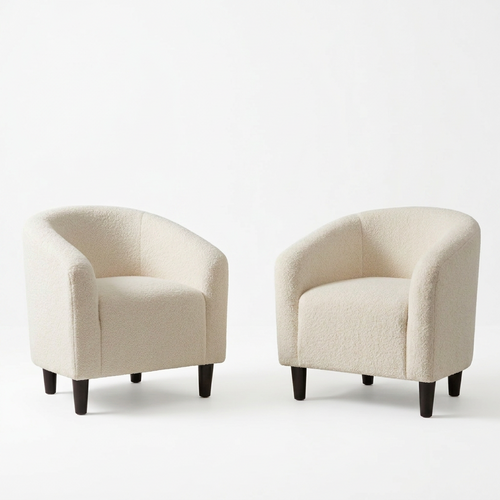 Set of 2 ecru boucle barrel accent club chairs with small metal legs, stylish and cozy for modern living spaces.