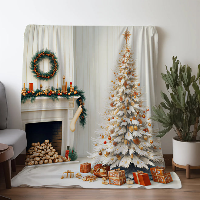 Christmas Fireplace Scene Plush Fleece Blanket