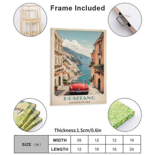 Framed Canvas Vintage Positano Travel Print Wall Art