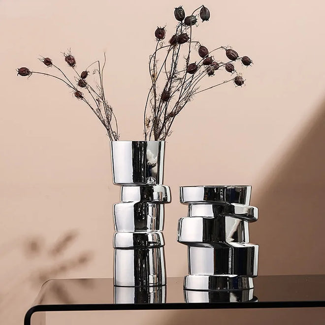Displaced Stacked Round Silver Glass Geometric Vase - The Finishing Touch Decor