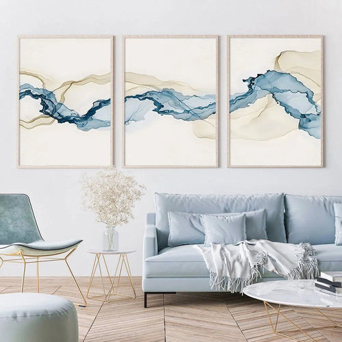 Sandy Beige & Blue Modern Cotton Canvas Painting Prints - The Finishing Touch Decor