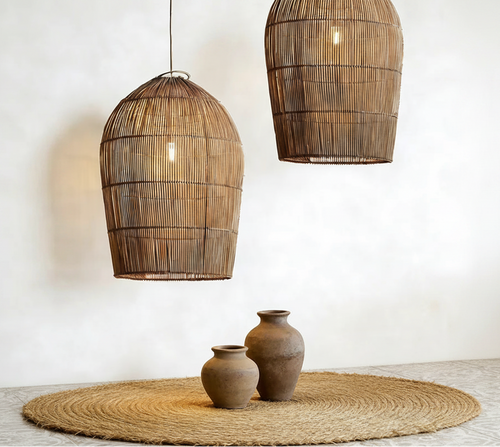 Wabi Sabi rattan wicker pendant light with natural woven design, hanging from ceiling in a stylish interior setting