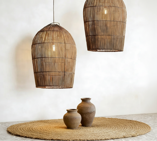 Wabi Sabi rattan wicker pendant light with natural woven design, hanging from ceiling in a stylish interior setting