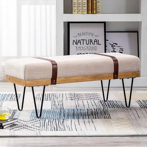 Industrial Modern Linen Rectangle Ottoman Bench with PU Strap and Metal Legs, Mid Century Dining Table Bench Footstool Entryway