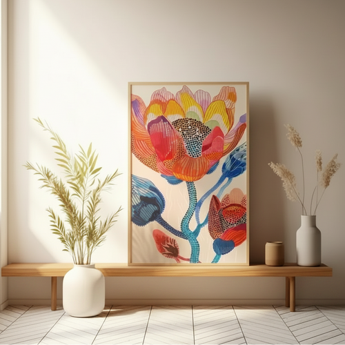 Colorful abstract botanical canvas wall art by The Finishing Touch Decor, featuring vibrant modern floral prints for living room decor