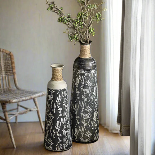 Farmhouse Rustic Etched Iron Floral Pattern Vases - The Finishing Touch Decor