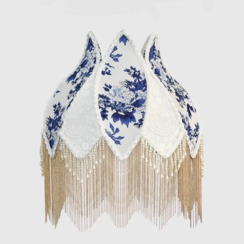 French Blue Floral Silk and Velvet Lampshade with Pearl Tassel - The Finishing Touch Decor
