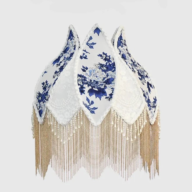 French Blue Floral Silk and Velvet Lampshade with Pearl Tassel - The Finishing Touch Decor