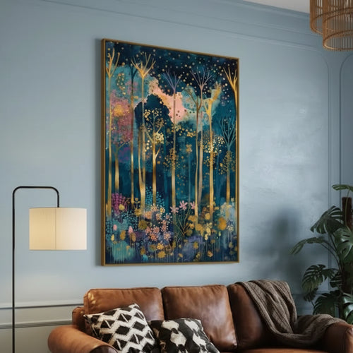 Framed artwork of a forest scene on a teal wall above a brown sofa with decorative pillows.