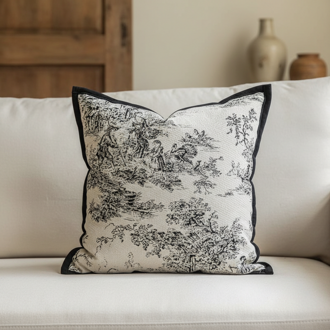 Black French Toile de Jouy Print Throw Pillow Covers