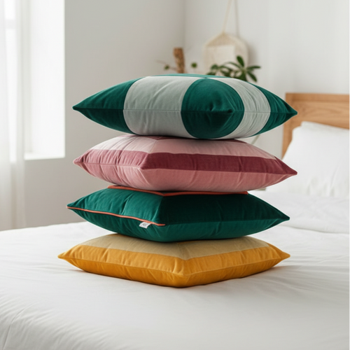 Colorful retro patchwork velvet throw pillows from The Finishing Touch Decor, featuring vibrant, mixed fabric patterns.