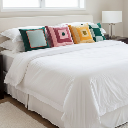 Colorful retro patchwork velvety throw pillow from The Finishing Touch Decor, vibrant design with soft fabric and vintage style.