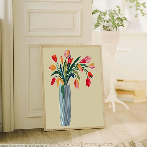 Colorful tulip vase wall art print by The Finishing Touch Decor, featuring vibrant tulip and vase design on a decorative wall art print.