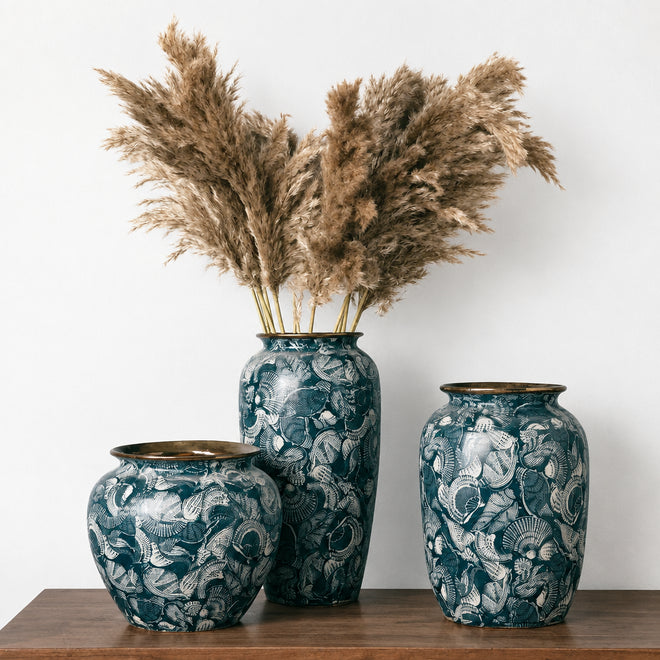 Blue & White Shell Print Porcelain Ceramic Vase