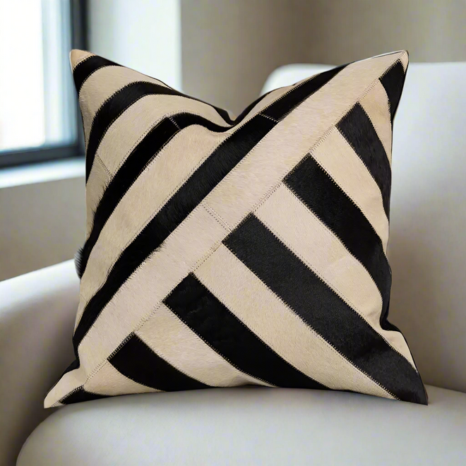 Patchwork Cowhide Leather Striped Throw Pillow Covers
