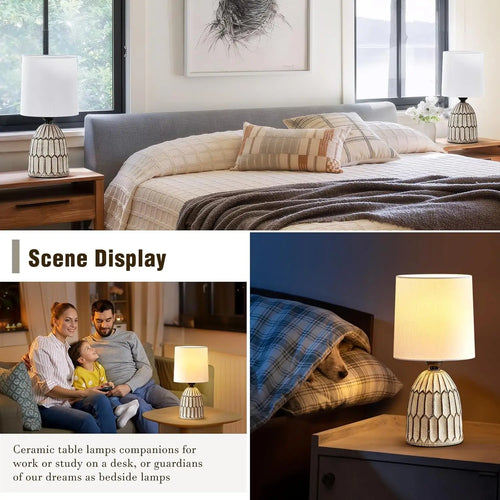 Hand-painted boho ceramic table lamps set with intricate designs, perfect for stylish lighting in a home interior.