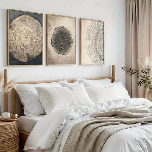 Set of three Nordic tree ring canvas wall art prints by The Finishing Touch Decor displaying natural wood grain and minimalist tree designs.
