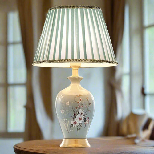 American Light Luxury Ceramic Bedroom Bedside Counter Lamp Desk Decoration Painted Flower Remote Control Lighting Table Lamp