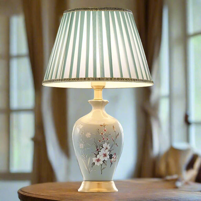 American Light Luxury Ceramic Bedroom Bedside Counter Lamp Desk Decoration Painted Flower Remote Control Lighting Table Lamp