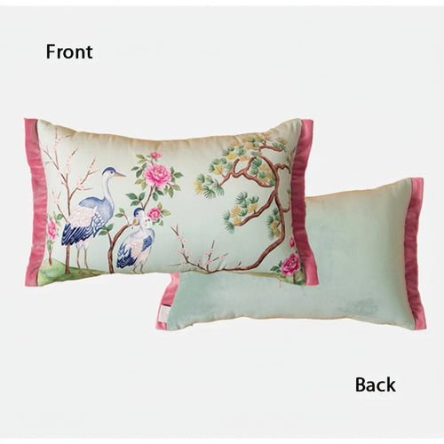 Crane & Pink Flowers Velvet Throw Pillow Covers