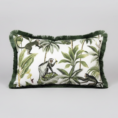 Velvet tropical throw pillow cover with monkey and palm tree design from The Finishing Touch Decor, featuring vibrant colors and detailed fabric.