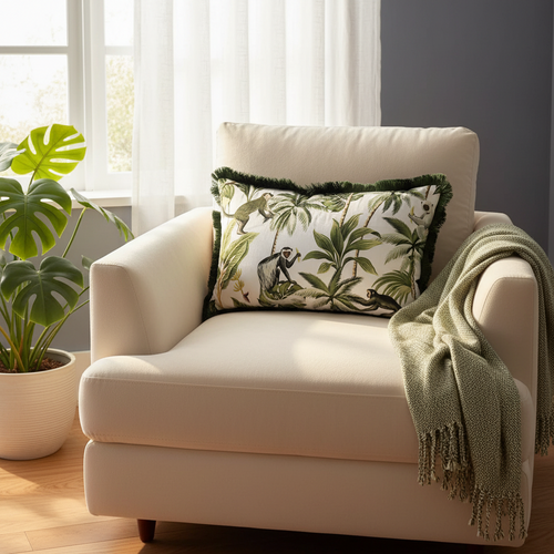 Velvet tropical throw pillow cover featuring monkey and palm tree design, decorative home accent by The Finishing Touch Decor