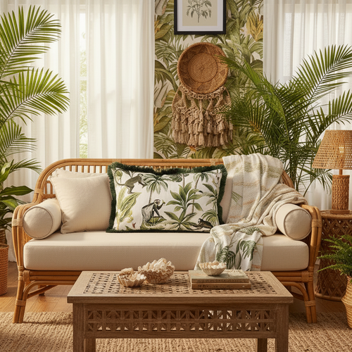 Velvet tropical throw pillow cover featuring monkey and palm tree design, decorative cushion for living room or bedroom decor